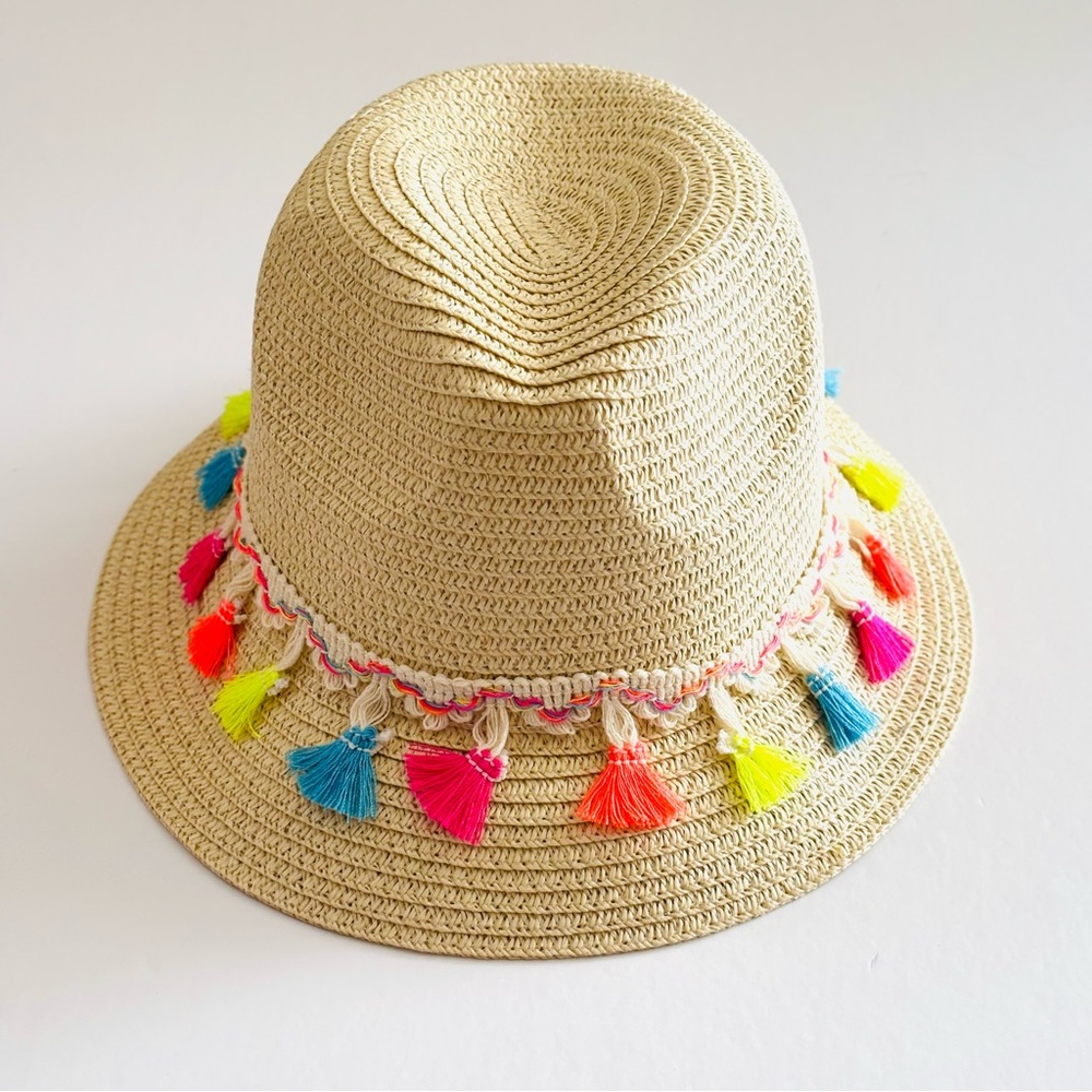 NWT Ardene Women’s Natural Straw Sun-Hat Neon Tassels One Size Beach Vacation